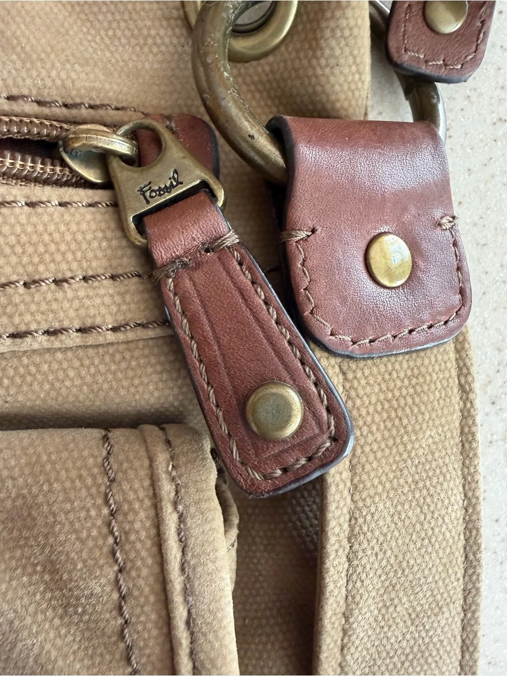 Fossil Tan Canvas Messenger with Brown Leather Accents
